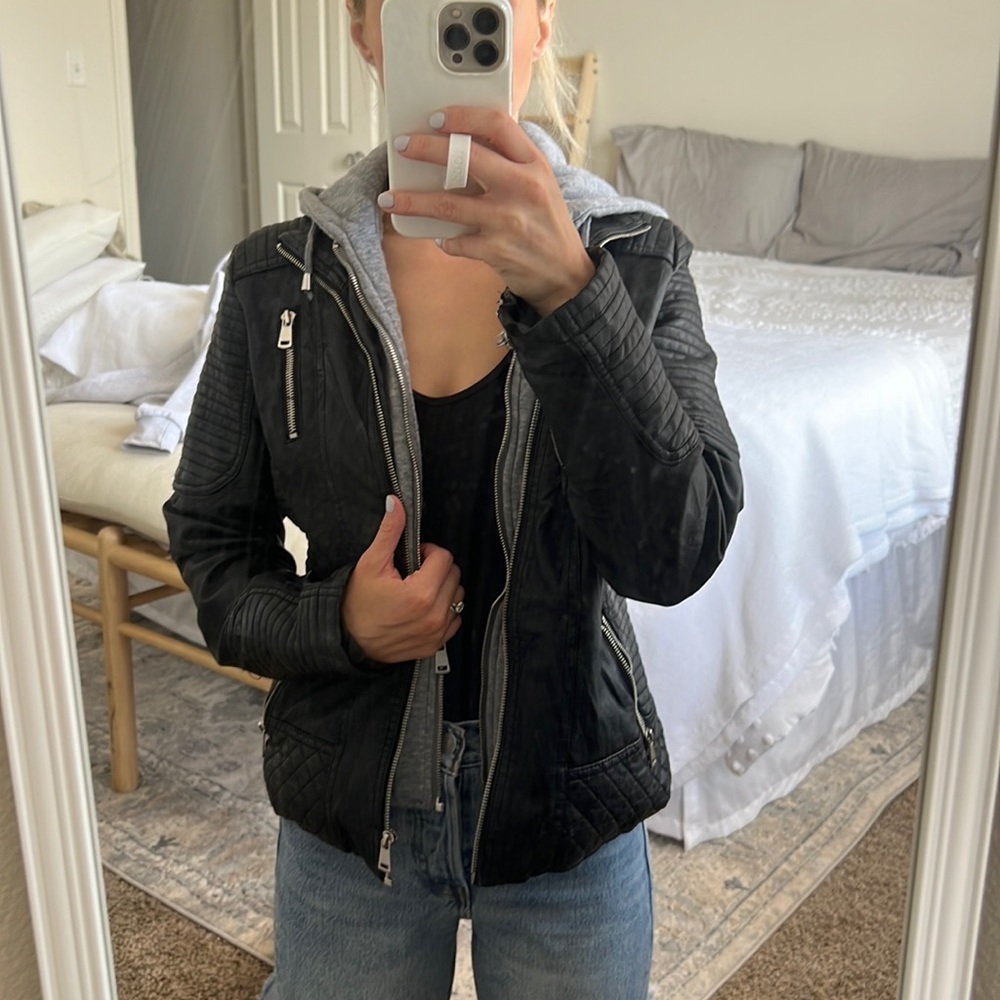 Leather Jacket with Tan insert, fuzzy inside